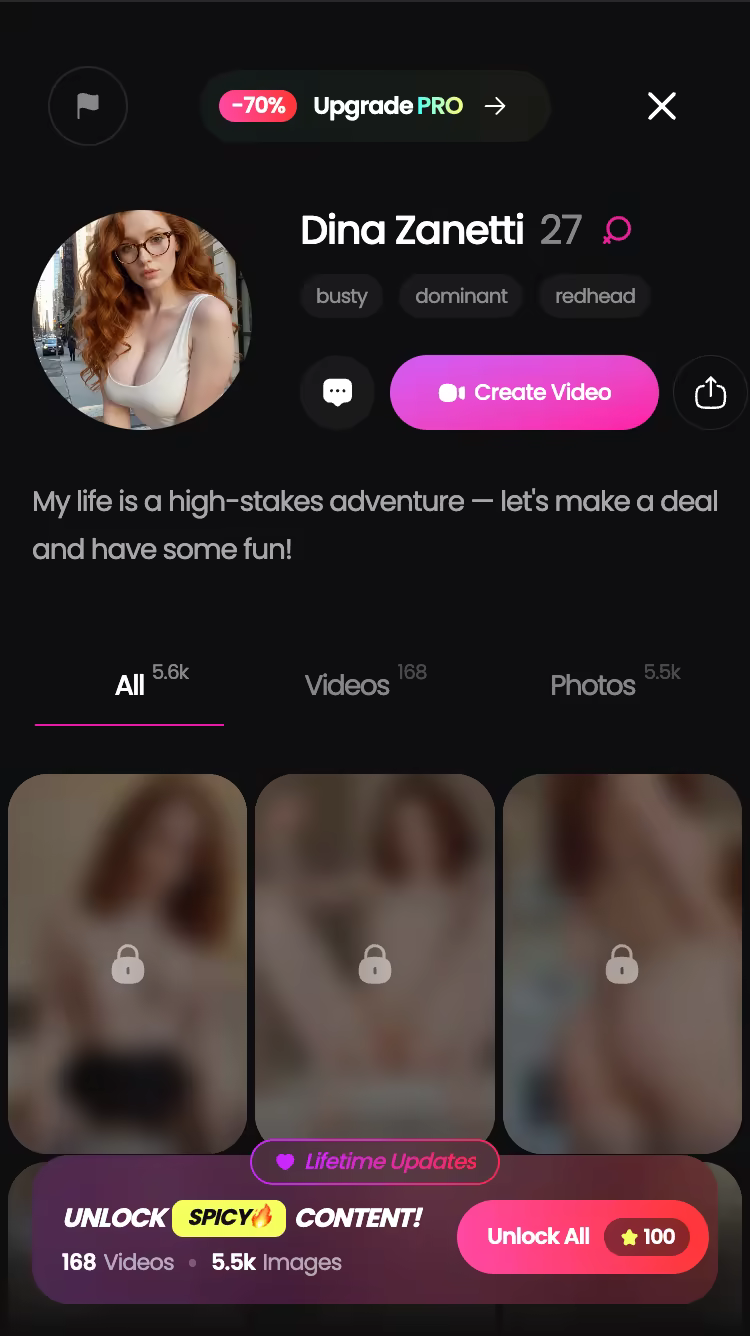 GoLove.ai Charakterprofil mit Bio, Tags und Medienbibliothek auf dem Smartphone