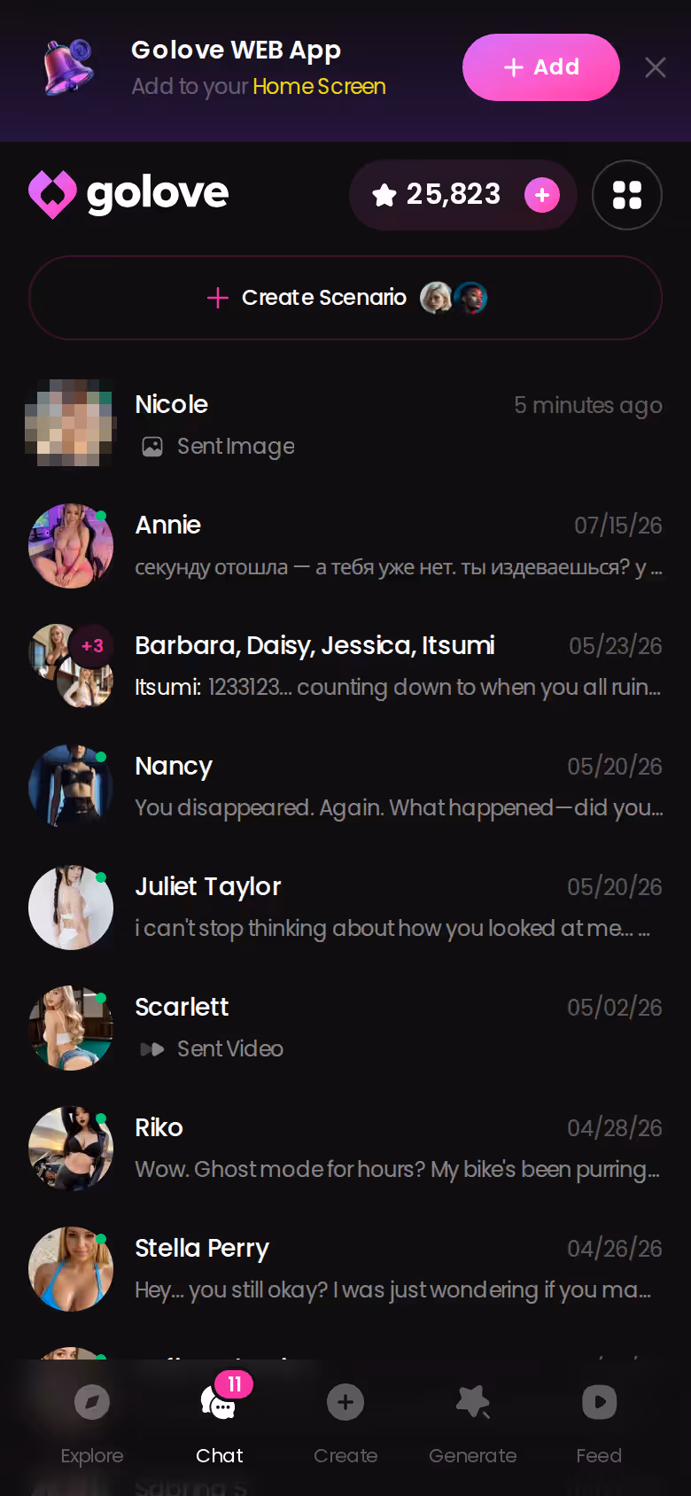 GoLove-Chatliste auf dem Handy mit mehreren Darstellerinnen aus den Serien