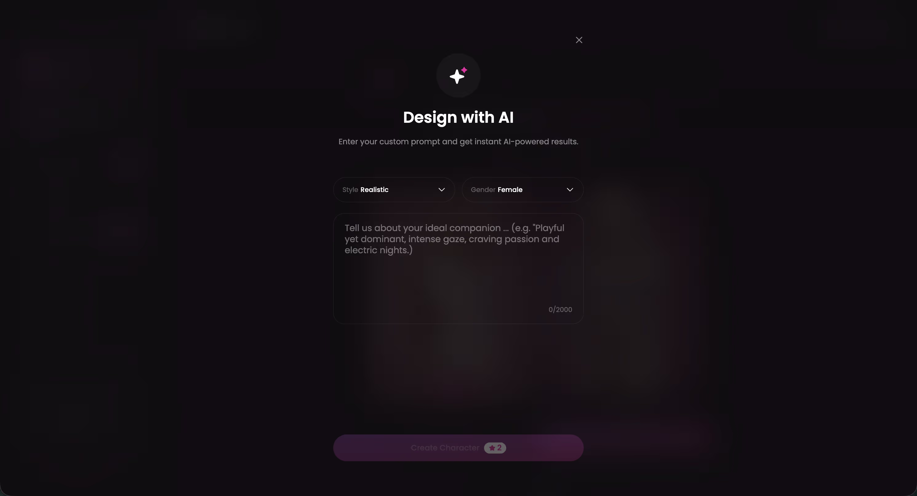 GoLove.ai Design-with-AI-Eingabe, in der eine Begleiterin per Text beschrieben wird