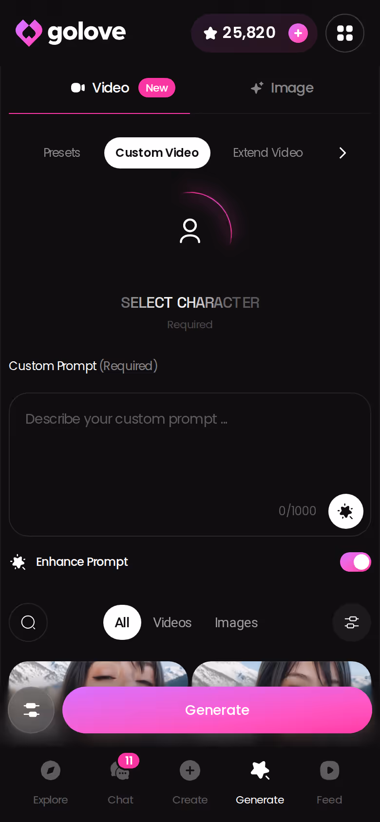 Der Video-Generator von GoLove auf dem Handy mit Preset-Karten