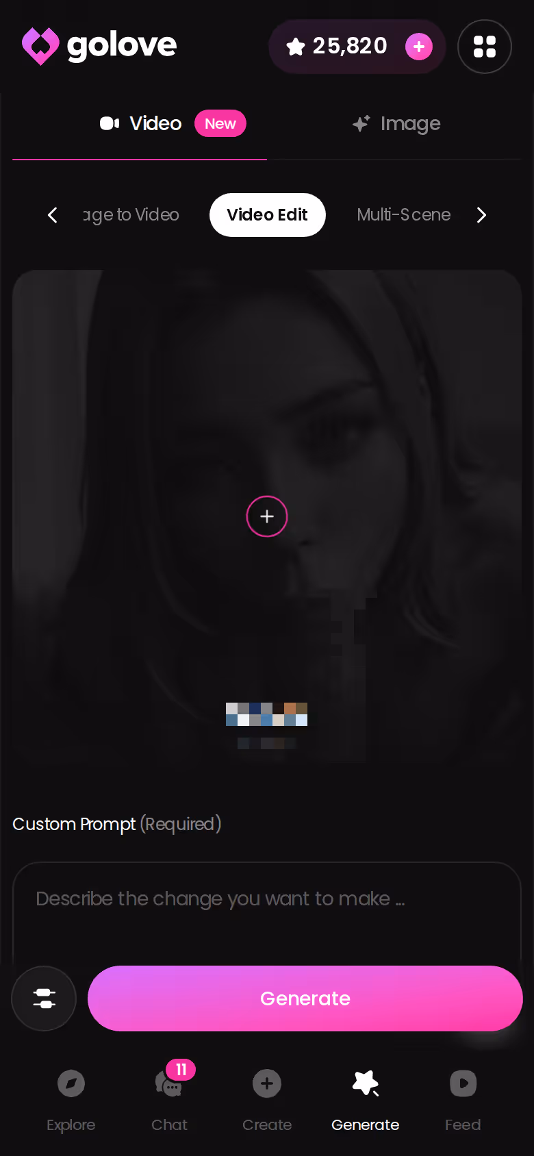 Videogenerator von GoLove auf dem Handy mit Vorlagenkarten für Aktion, Outfit und Hintergrund